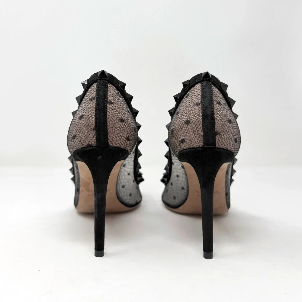 Valentino Rockstud Mesh Pumps Black Suede‎ Pointed Toe Heels 39